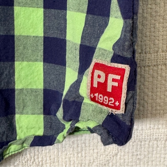 Phat Farm XL Plaid Racing Patch Shirt Neon Green Navy Streetwear 90s Y2K - Picture 6 of 13